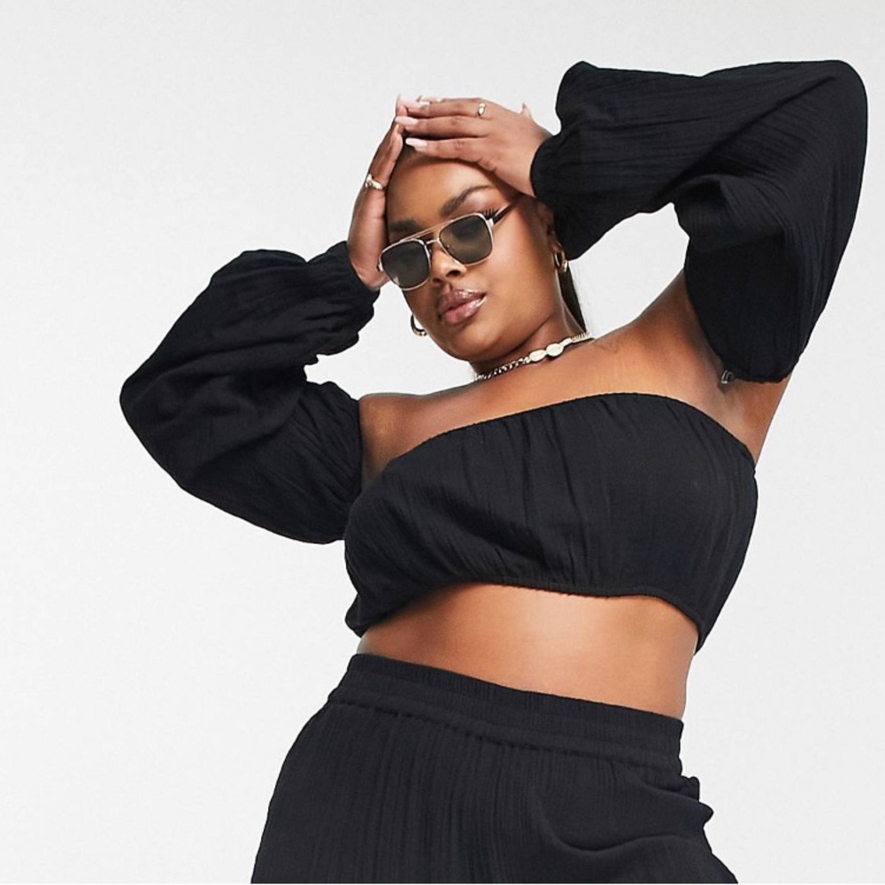 ASOS Curve beach off shoulder crop top with detachable sleeve in black gauze NEW